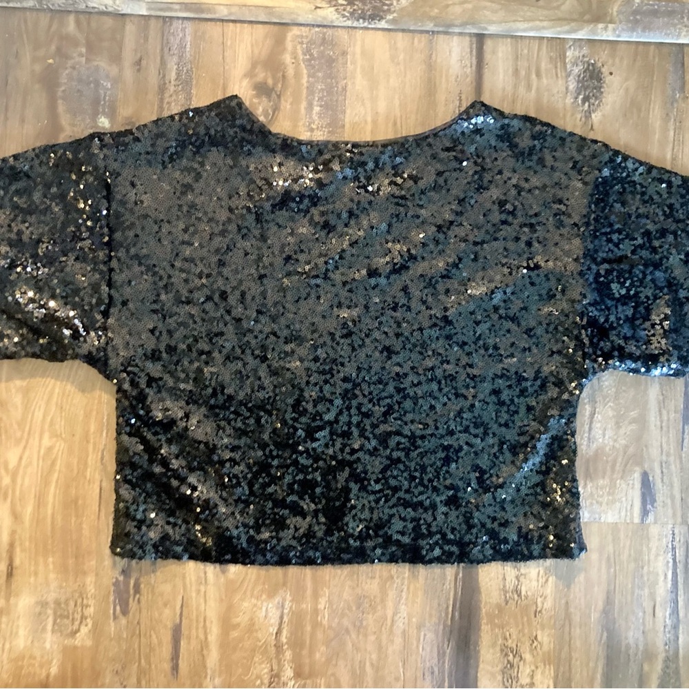 by Anthropologie Black Sequin Cropped Short-Sleeve Top Relaxed Boxy Fit EUC Sz S - Picture 14 of 16
